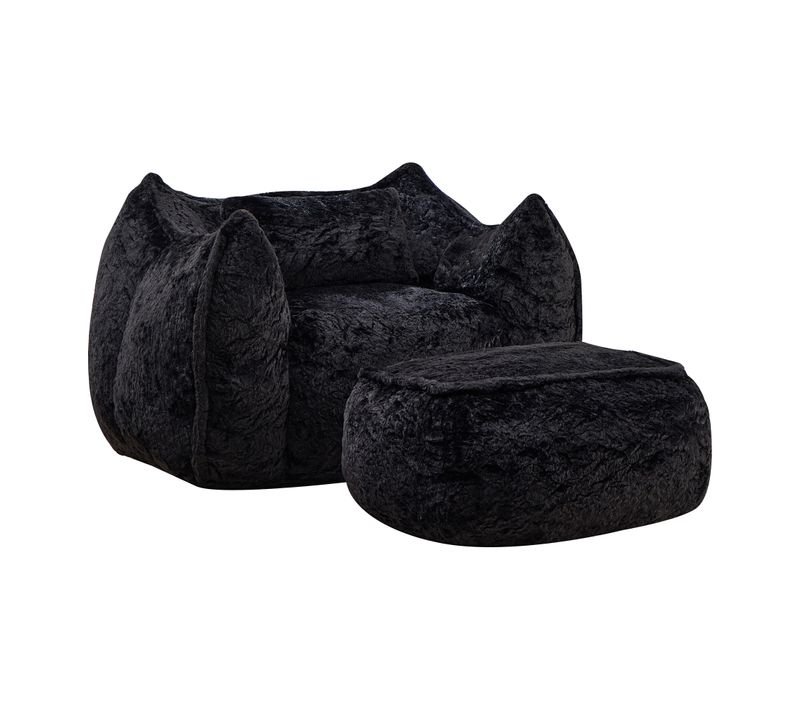 Pouf Géant Fauteuil Adulte Et Enfant En Fourrure Synthétique Avec Coussin Et Pouf , Noir