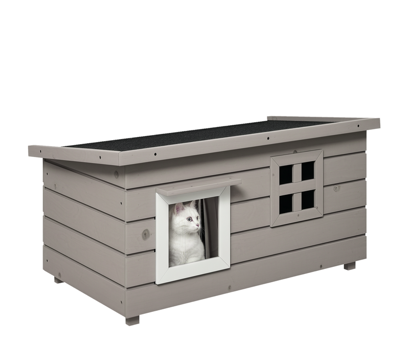 Nichoir Pour Chat Extérieur En Bois, Abri Surélevé Avec Toit Ouvrant, Fenêtre, Gris