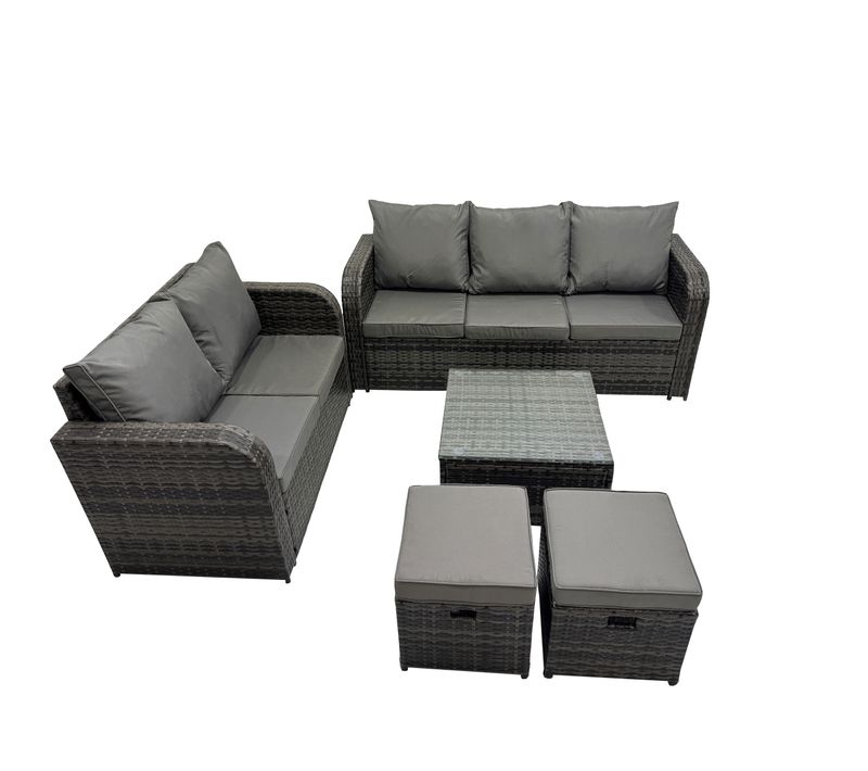 Salon De Jardin 7 Places Ensemble De Canapés En Rotin Table Basse Carrée 2 Petits Tabourets