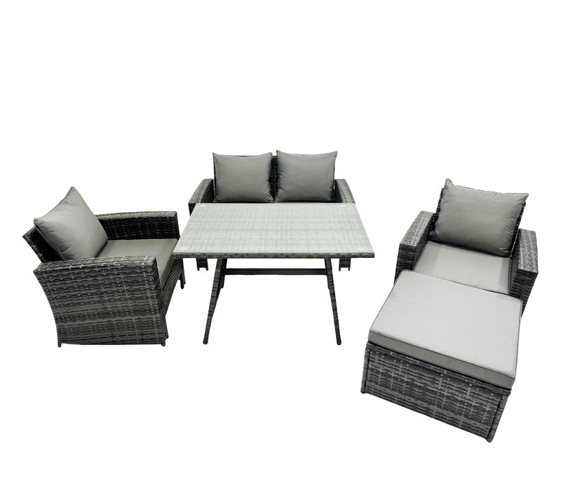 Ensemble De Canapé En Rotin Extérieur Avec Table à Manger Grand Tabouret Gris Foncé Mixte