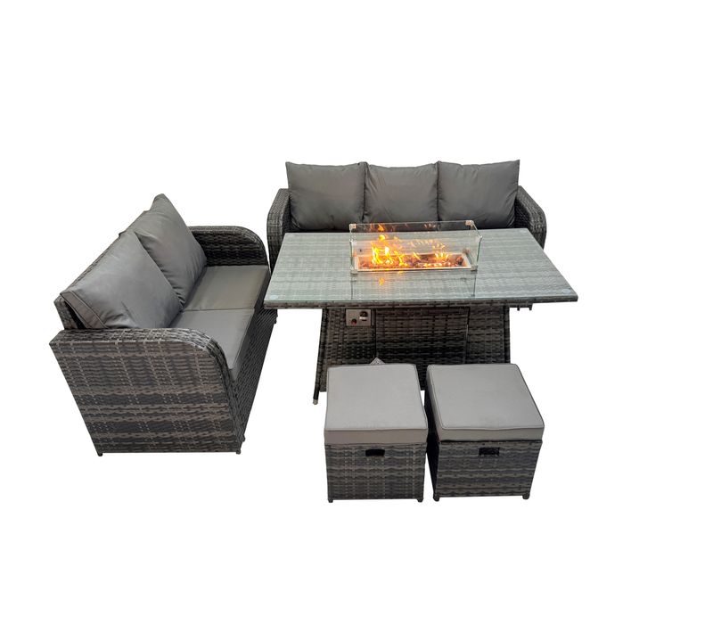 Salon De Jardin Exterieur Table De Foyer à Gaz Et Canapé Avec 2 Petits Tabourets