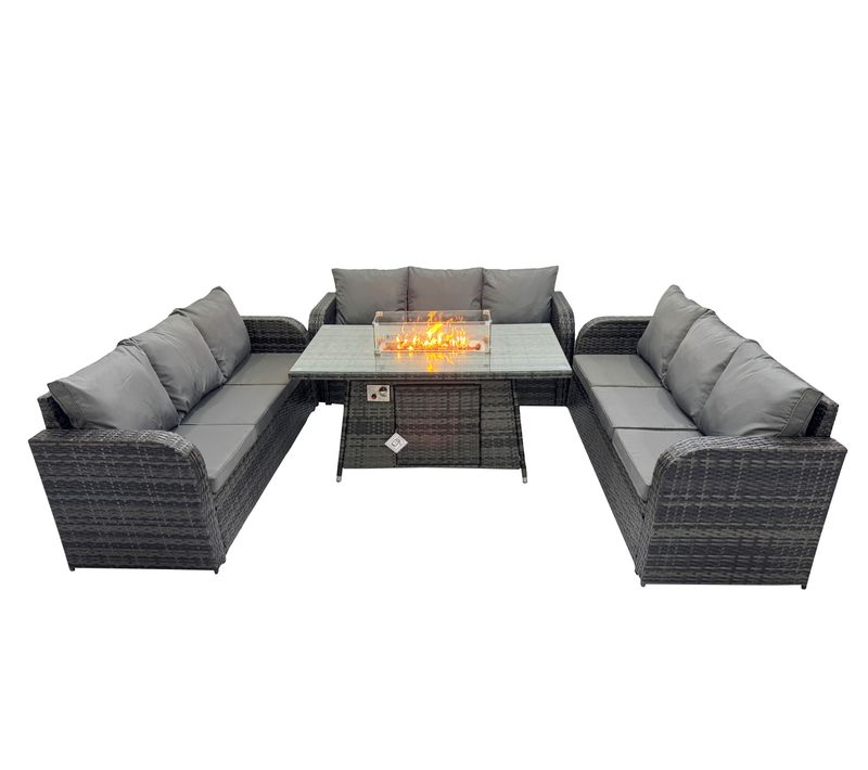 Salon De Jardin Avec Table De Foyer à Gaz 4 Pièces Ensemble De Canapés En Rotin Gris Foncé Mixte