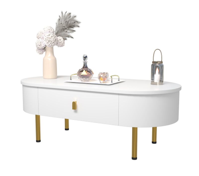 Ein Couchtisch Mit Zwei Schubladen, Goldenen Griffen Und Beinen Sowie Abgerundeten Ecken