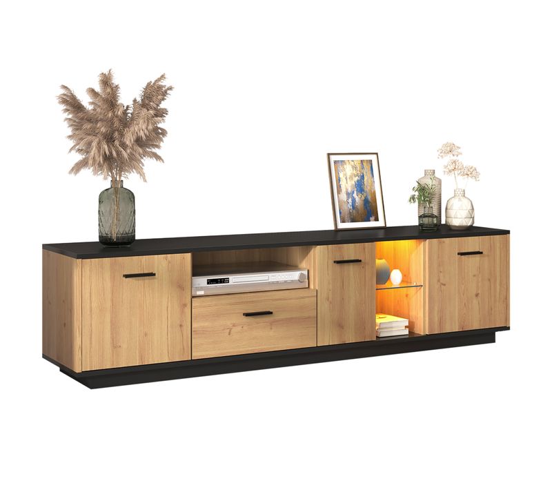 Meuble TV Avec LED Bluetooth 180cm - 3 Portes, Tiroir Et Vitrine - Noir et Bois