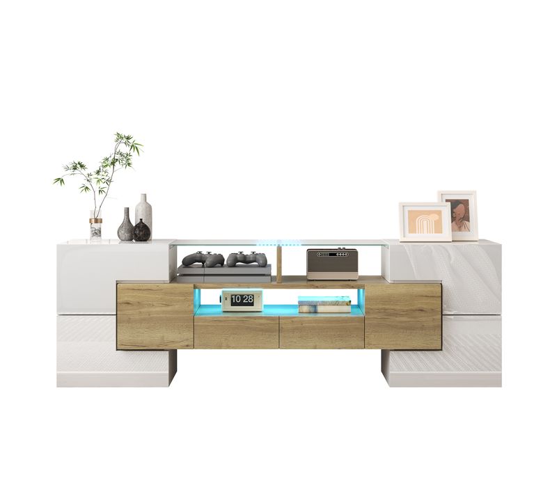 Meuble TV Blanc Brillant 145cm Avec Éclairage LED Et Plateau Verre - Rangement Moderne Salon