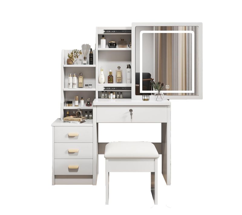 Coiffeuse Avec Miroir LED 3 Couleurs, 4 Tiroirs, Tabouret Inclus, Blanche 85×130×36 Cm