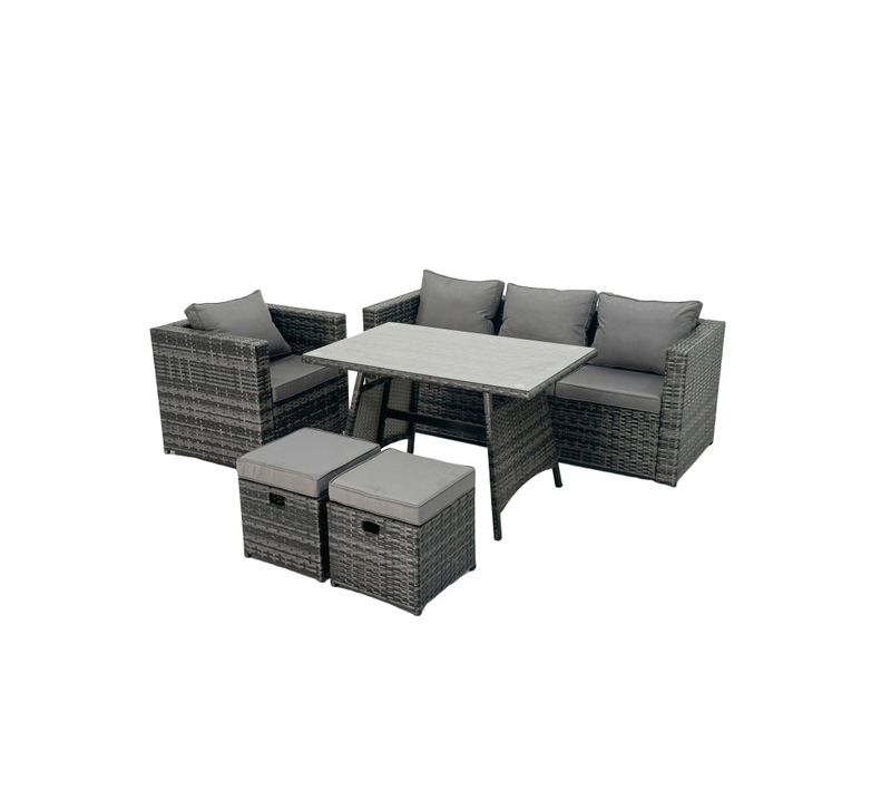 6 Places Salon De Jardin Extérieur En Résine Avec Table à Manger Fauteuil 2 Petits Tabourets