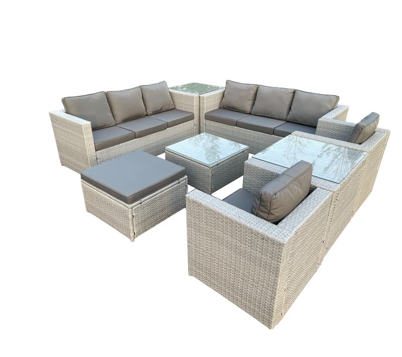 Salon De Jardin En Rotin Avec 2 Fauteuil Table Basse Carrée Grand Tabouret 2 Tables D'appoint