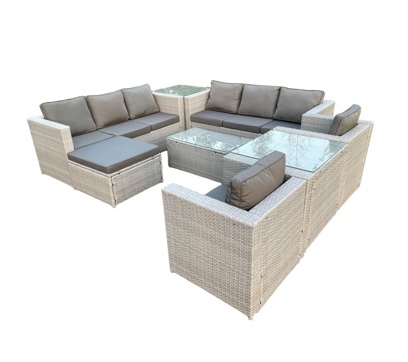 Salon De Jardin En Rotin Avec 2 Fauteuil Table Basse Oblongue Grand Tabouret 2 Tables D'appoint