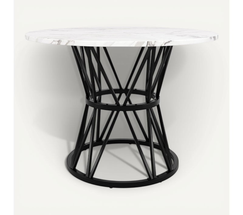 Table à Manger Ronde 100x100 Cm, Pied Métal, Plateau Mdf Marbre Noir