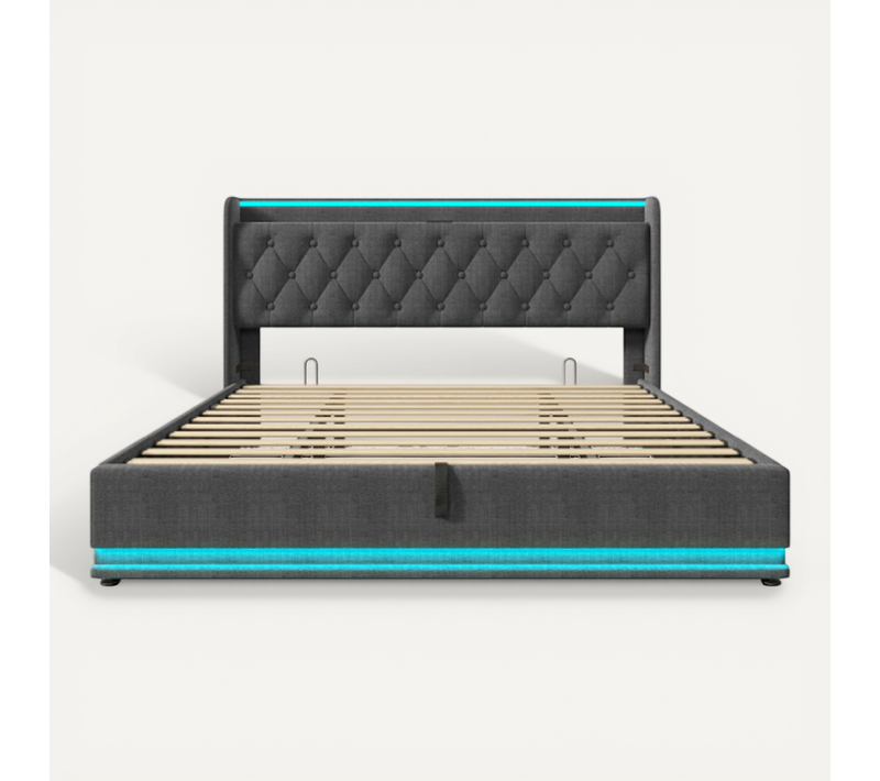 Lit Double Avec Fonction LED 360, Tête De Lit Capitonnée, USB, Sans Matelas, Gris 180x200 cm