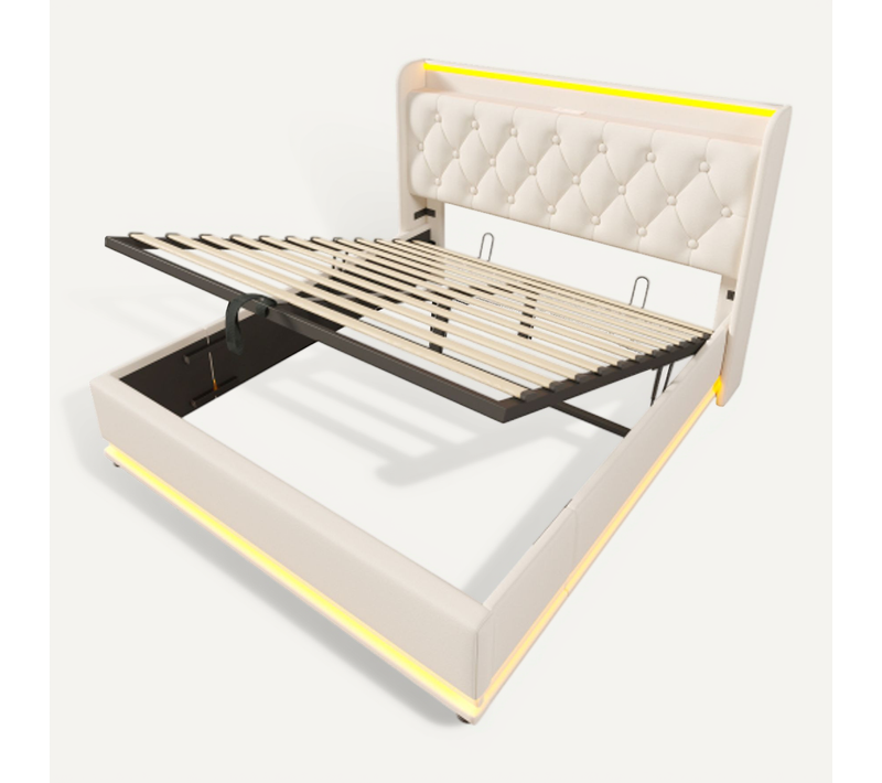Lit Double Avec LED 360°, Tête Capitonnée, USB, 160x200 Cm