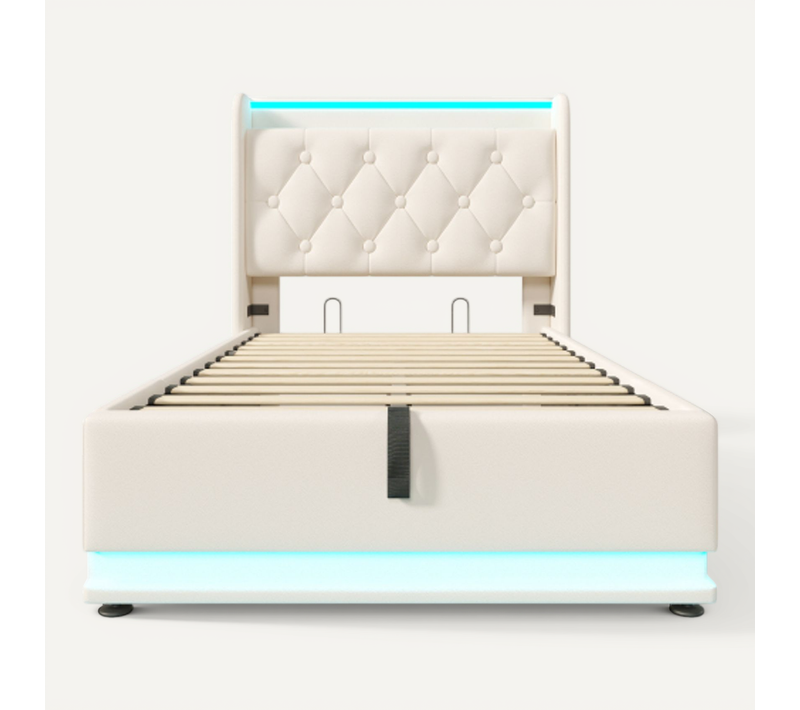 Lit Simple Avec LED 360°, Tête Capitonnée, USB,90x200 Cm