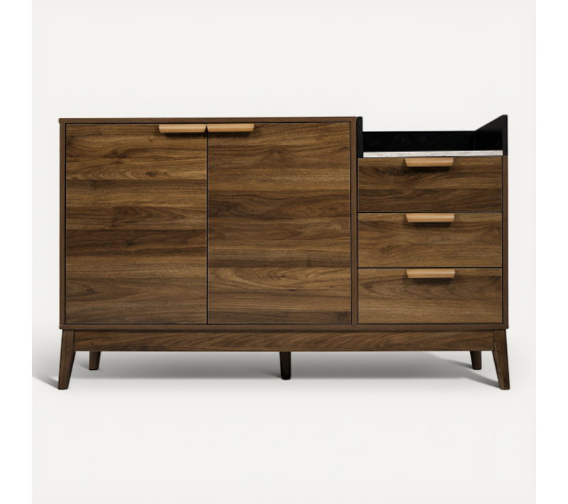 Commode En Chêne Décor, 3 Tiroirs, 2 Portes, Étagère
