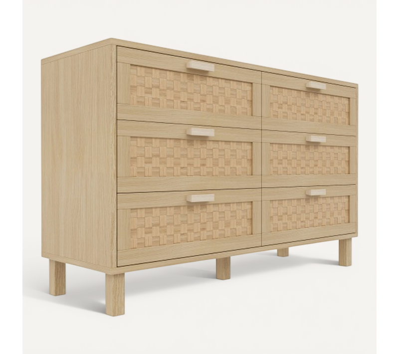 Buffet Élégant En Bois Naturel Avec 6 Tiroirs Effet Rotin