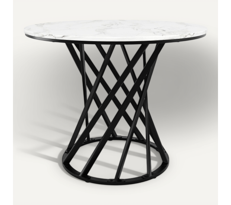 Table Ronde 80x80x76 Cm Pour 4 Personnes, Plateau Marbré, Pieds Noirs