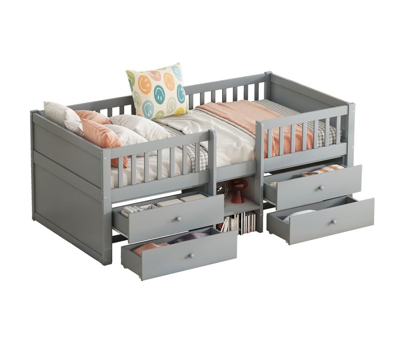 Lit 90 X 200 Cm Lit Enfant Avec 4 Tiroirs Et Barrières, Bois, Gris