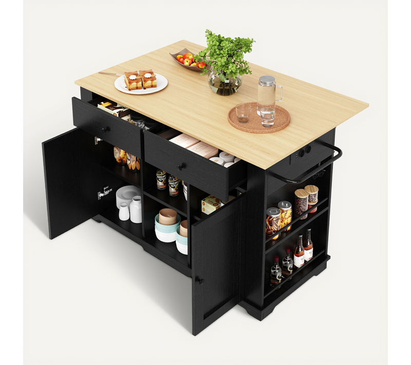 Chariot De Salle à Manger/buffet Avec Veinure De Bois, Multiprise, Roues, Plan De Travail, Noir