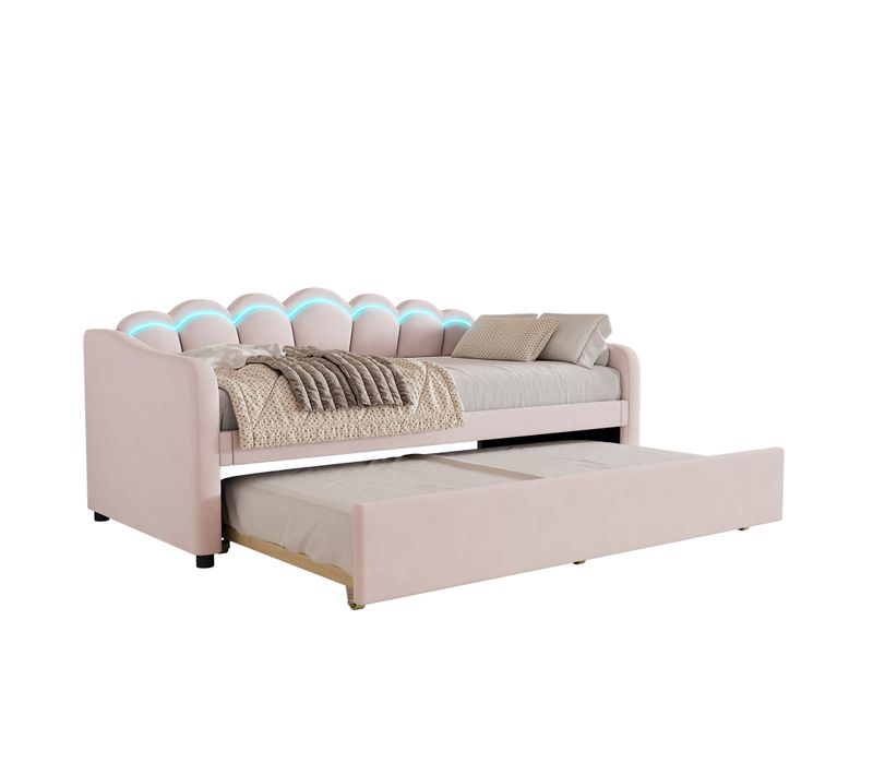 Lit Enfant Lit Gigogne 90x200 Cm, Lumière Ambiante Changeante, Télécommande, Velours, Rose