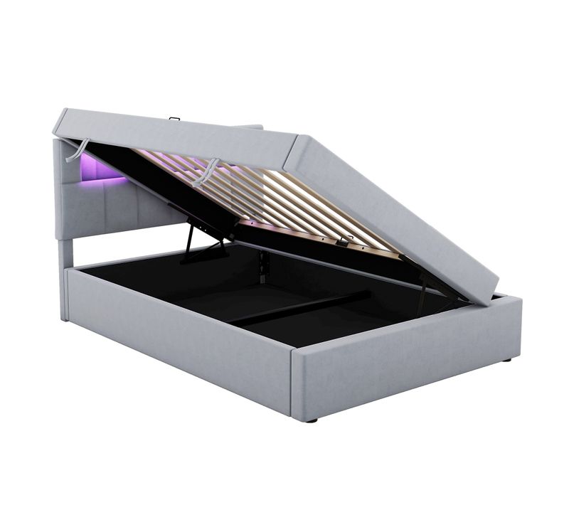 Lit Coffre Lit Enfant 90x200 Cm, Lumière D'ambiance En Tête De Lit, Ouvrant D'un Côté, Velours, Gris