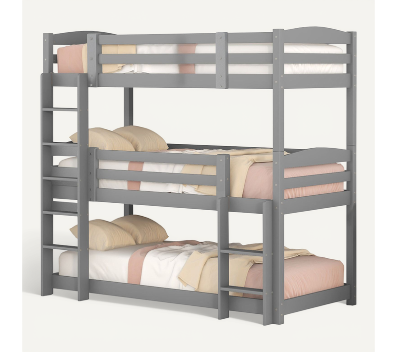 Lit Superposé Triple 90 X 200 Cm Pour Adultes Et Enfants. Protection Antichute, Pin + Mdf, Gris