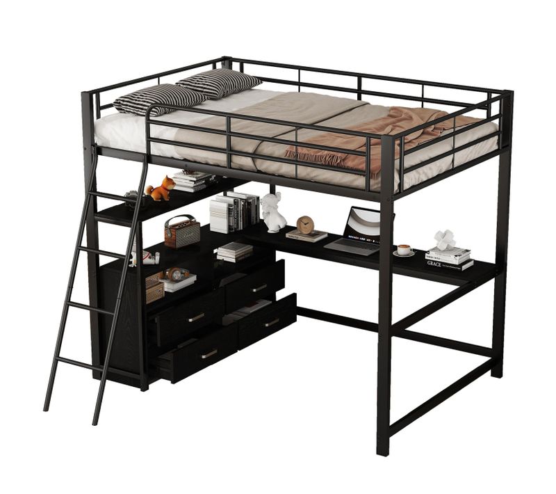 Lit Mezzanine, Lit Enfant 140x200cm, Lit En Fer Avec Tiroirs Et Bureau En L, Noir
