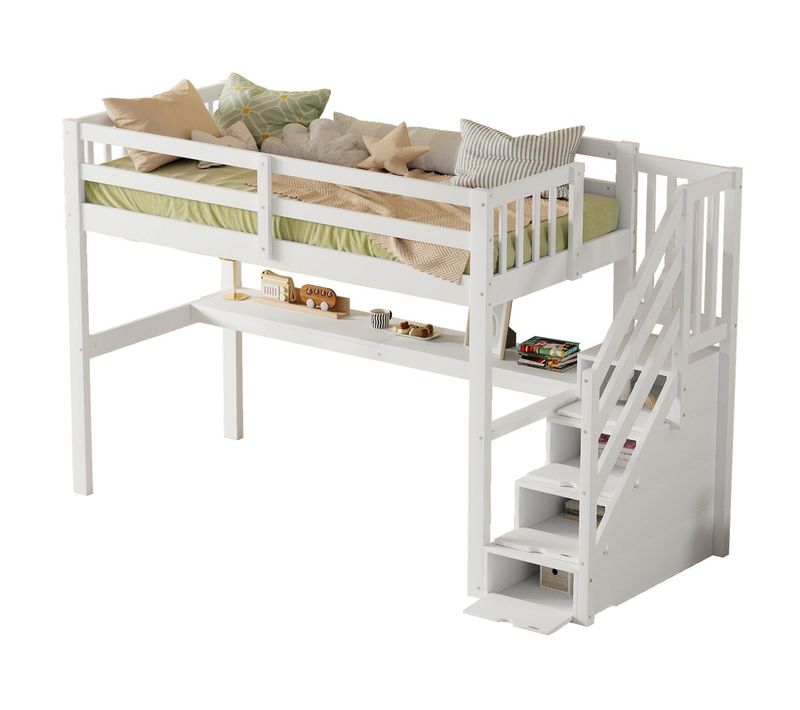 Lit Mezzanine Lit Enfant 90 X 200 Cm Avec Tiroirs De Rangement Et Bureau Sous Lit, Blanc