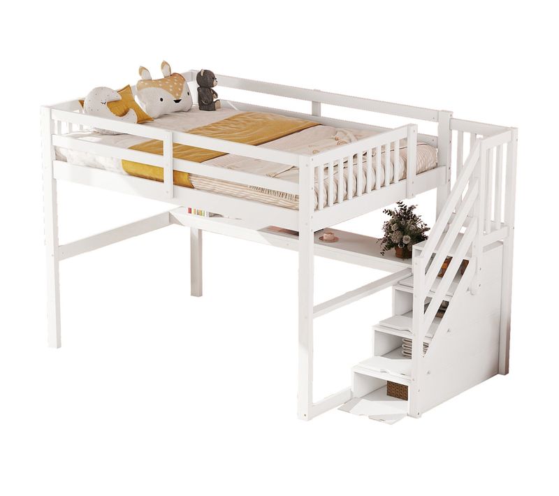 Lit Mezzanine Lit Enfant 140 X 200 Cm Avec Tiroirs De Rangement Et Bureau Sous Lit, Blanc