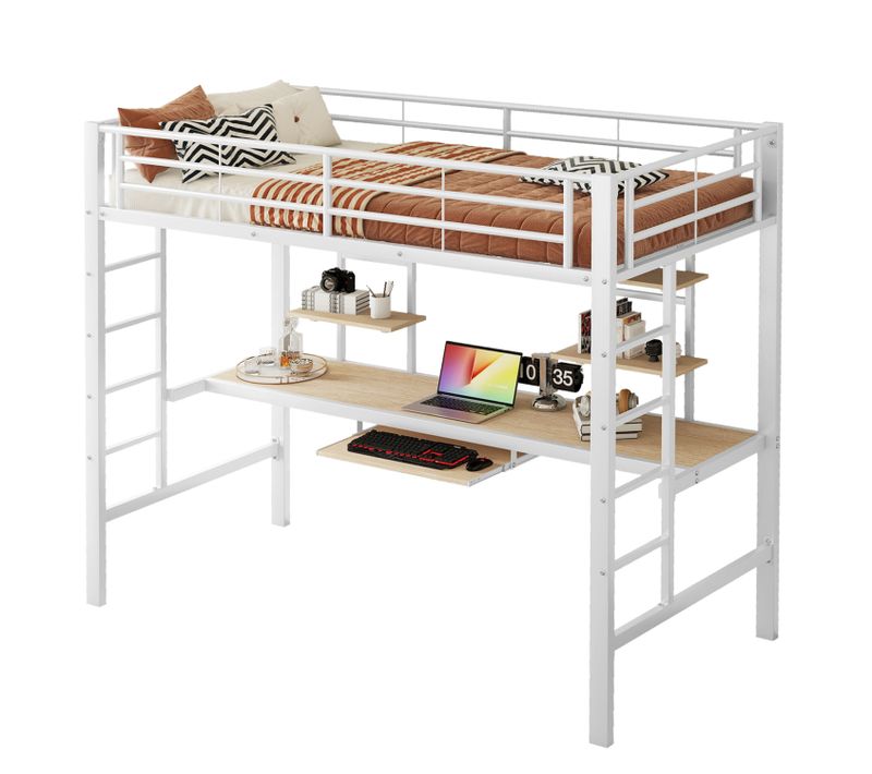 Lit Mezzanine Lit Enfant 90x200 Cm, Lit En Métal Avec Bureau Et Bibliothèque, Blanc