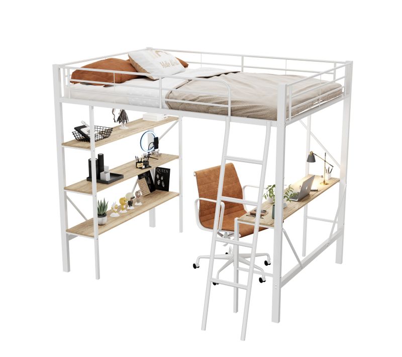 Lit Mezzanine 90x200 Cm, Cadre De Lit En Fer Avec Bureau Et Trois Étagères, Blanc