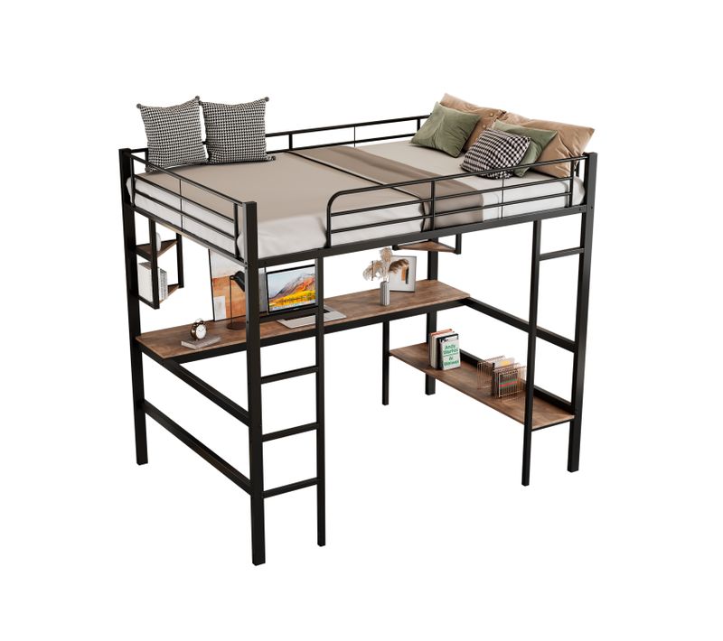 Lit Mezzanine Lit Adulte 90x200 Cm, Cadre De Lit En Fer Avec Bureau Et Étagère, Noir