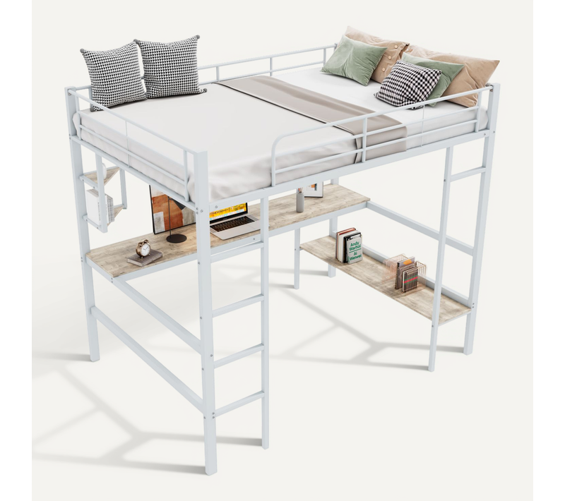 Lit Mezzanine Lit Enfant 90x200 Cm, Cadre De Lit En Fer Avec Bureau Et Étagère, Blanc