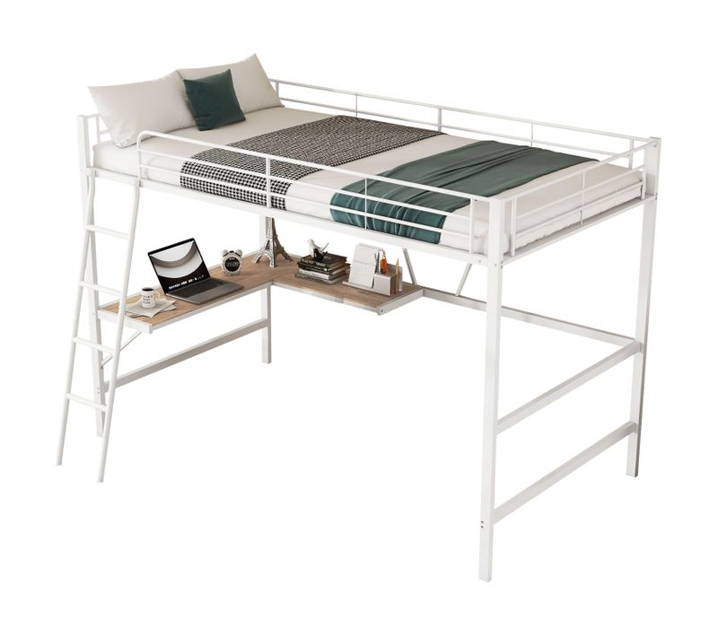Lit Mezzanine Lit Adulte 90x200 Cm, Lit En Fer Avec Avec Bureau En L Et Étagère, Blanc