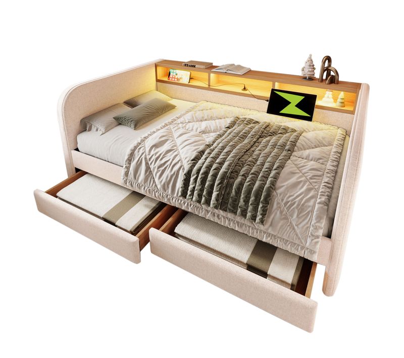 Lit Adulte 140x190 Cm Avec USB, Type-c, LED Et 2 Tiroirs De Rangement, Lin, Beige Clair