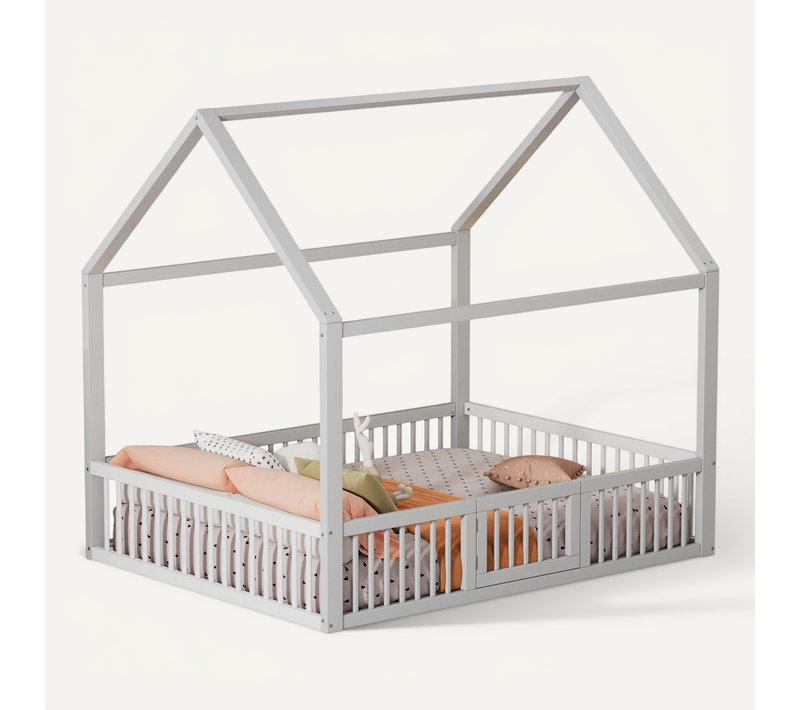 Lit Cabane Lit Double Lit Enfant 140 X 200 Cm En Bois Avec Sommier à Lattes Et Porte, Blanc