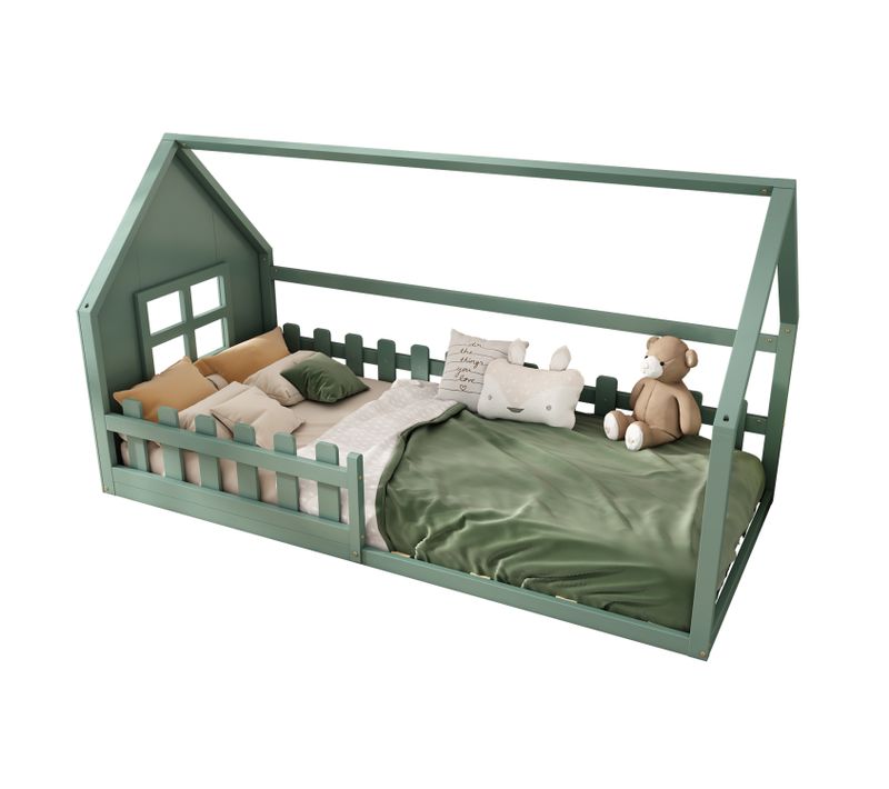 Lit Cabane 90x200 Cm, Lit Enfant Avec Barrières De Sécurité, En Bois, Coloris Vert