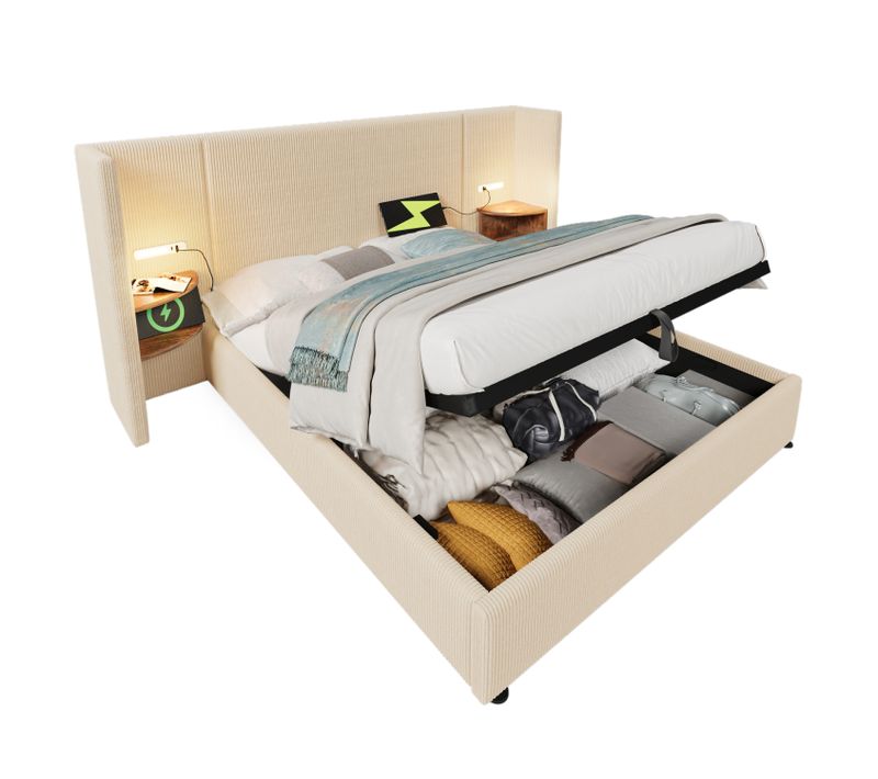 Lit Coffre Adulte 160×200cm Avec Table De Chevet, Liseuse Et USB Type-c, Velours Côtelé, Beige