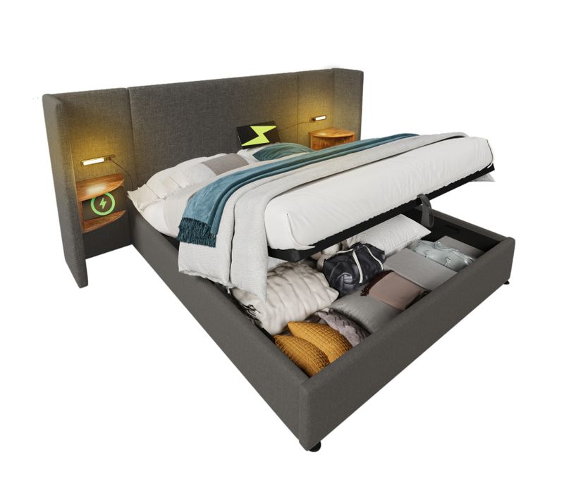 Lit Coffre Adulte 160×200cm Avec Table De Chevet, Liseuse Et USB Type-c, Lin, Gris