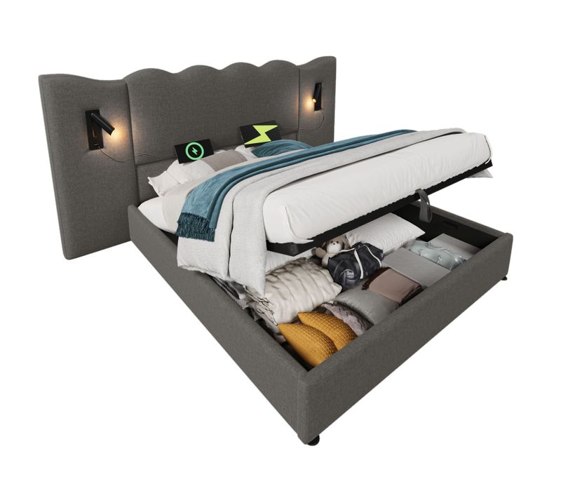 Lit Coffre 180×200 Cm Avec Lampe De Lecture Et Chargement USB Type-c, Tissu Lin, Gris