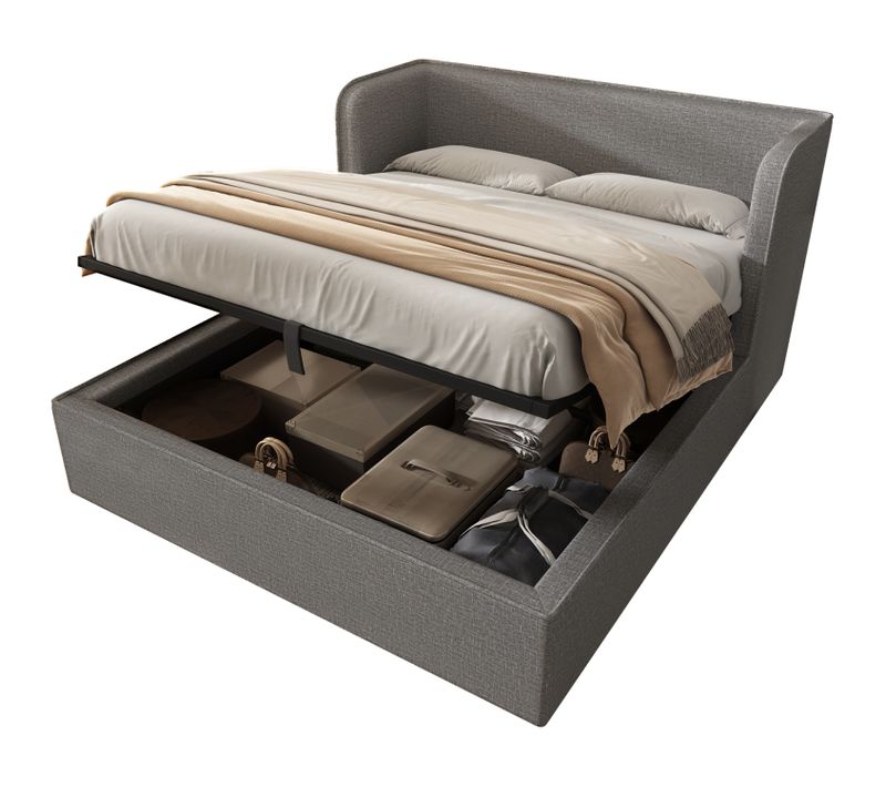 Lit Coffre 160x200 Cm Avec Tête De Lit Large, Couvre Lit Déhoussable Et Rangements, Lin, Gris