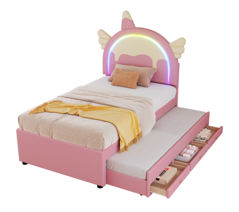 Lit Gigogne Lit Enfant 90x200 Cm, Forme Licorne, Éclairage D'ambiance LED Télécommandé, Pu, Rose