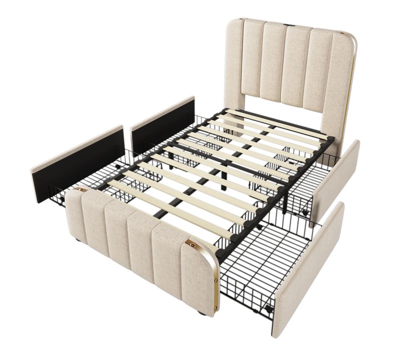 Lit Enfant 90x200cm, Lit 1 Place Avec 4 Tiroirs De Rangement, Port USB Et Type-c, Lin, Beige