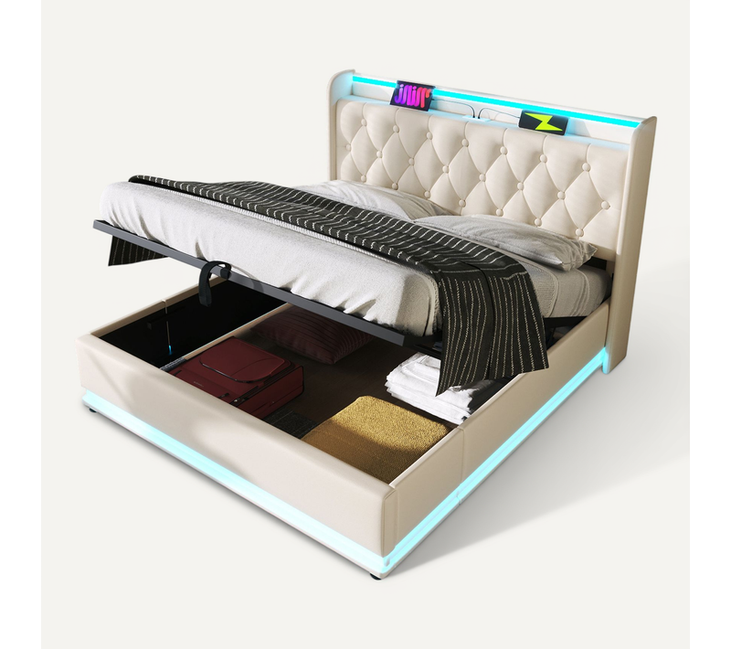 Lit Adulte 140x200cm, Lit Double, Lit Coffre Avec LED, Port USB Et Type-c, Pu, Blanc
