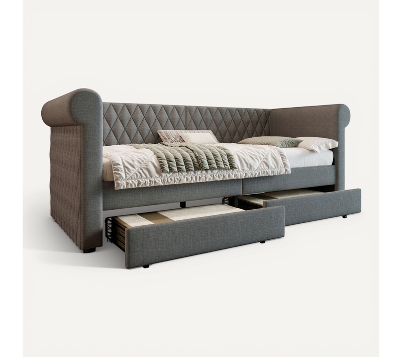 Lit Enfant Lit Jeune 90x200 Cm Avec 2 Tiroirs De Rangement Et Sommier à Lattes En Bois, Lin, Gris