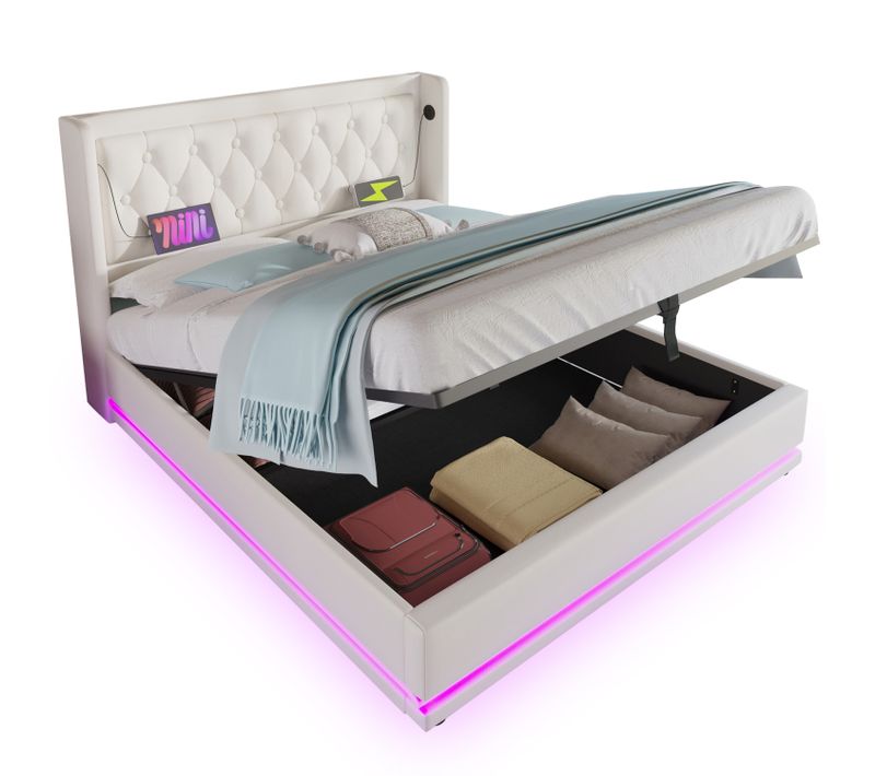 Lit Coffre Adulte 140x200 Cm, Lit 2 Place Hydraulique Avec Chargement USB Type-c Et LED, Pu, Blanc