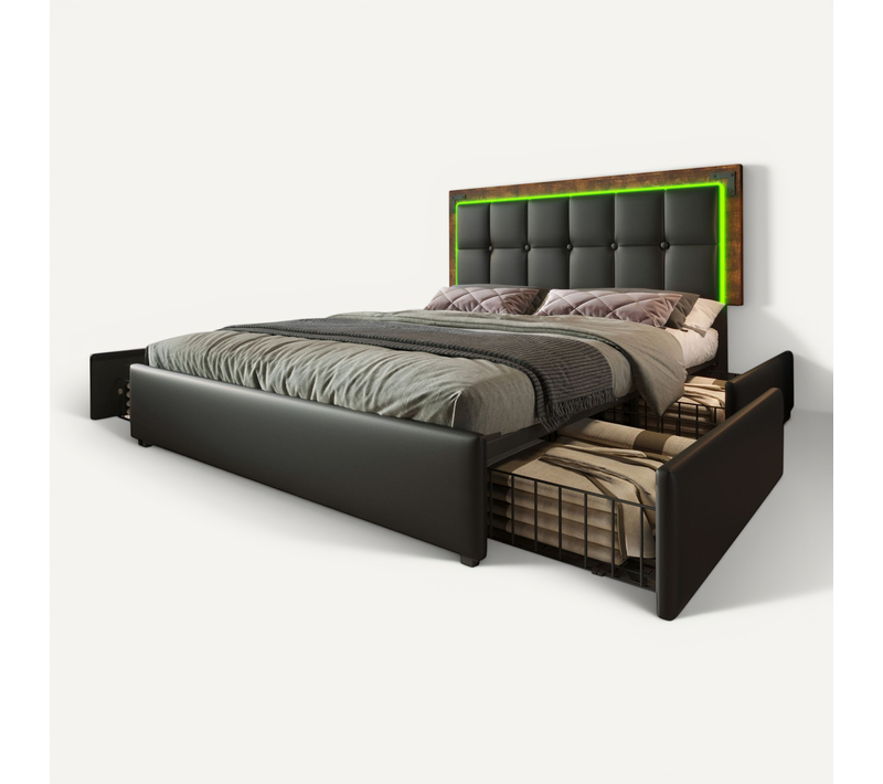 Lit Adulte Lit 160×200, Lit 2 Place Avec Bande Lumineuse LED Et 4 Tiroirs, Pu, noir