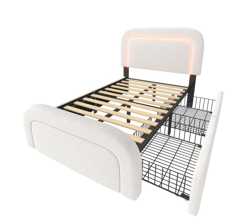 Lit Simple 90 X 200, Lit 1 Place Avec Chargement USB Type C, LED Et 2 Tiroirs, Tissu Sherpa, Blanc
