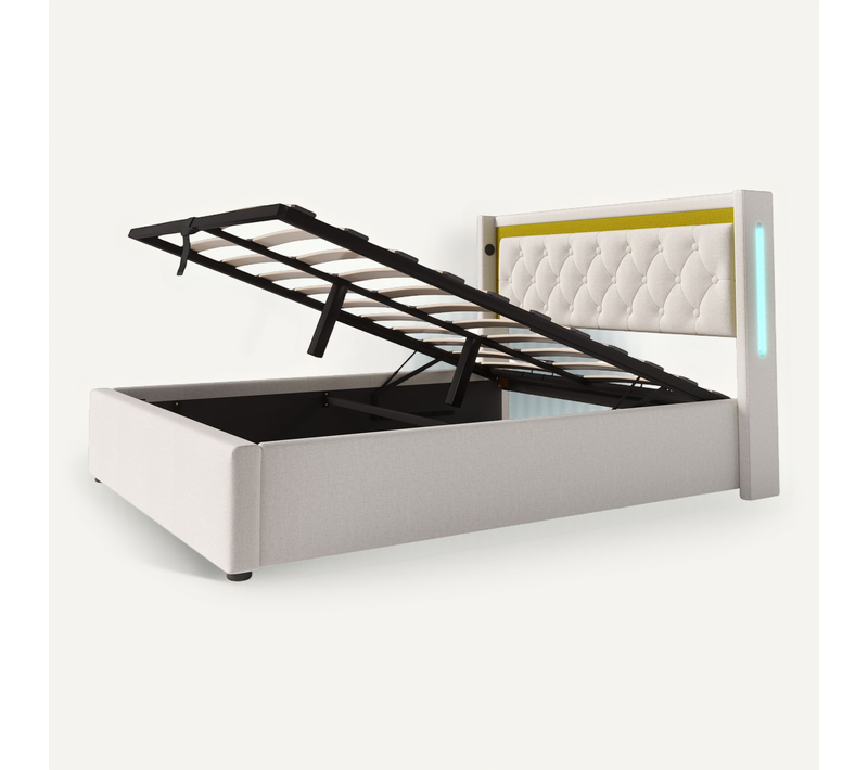 Lit Coffre Lit Adulte Double 160 X 200 Cm Avec USB Type-c Et LED, Coton, Beige