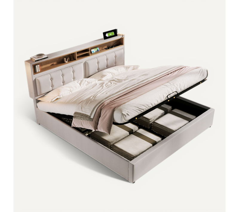 Lit Coffre Lit 140x200 Lit 2 Place, Tête De Lit Avec Chargement USB C Et Rangement, Lin, Beige