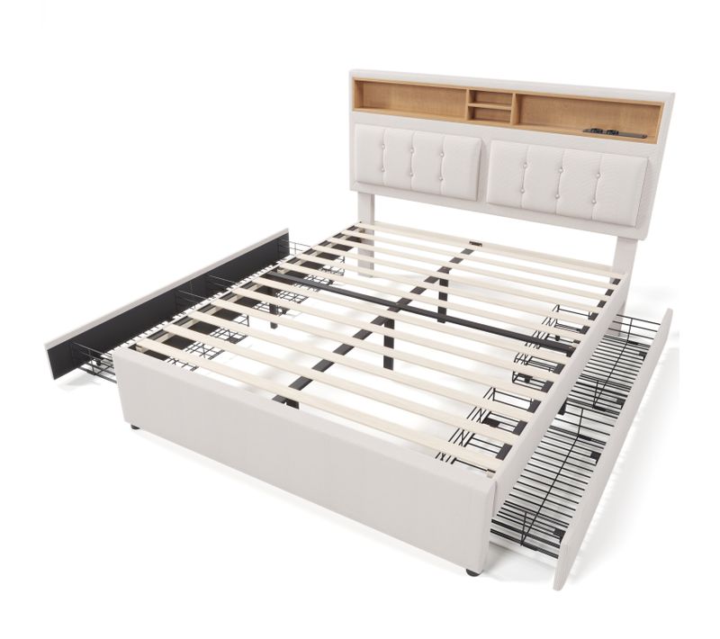 Lit Adulte Lit 160x200, Lit 2 Place Avec 4 Tiroirs De Rangement, USB C Et Prises, Lin, Beige